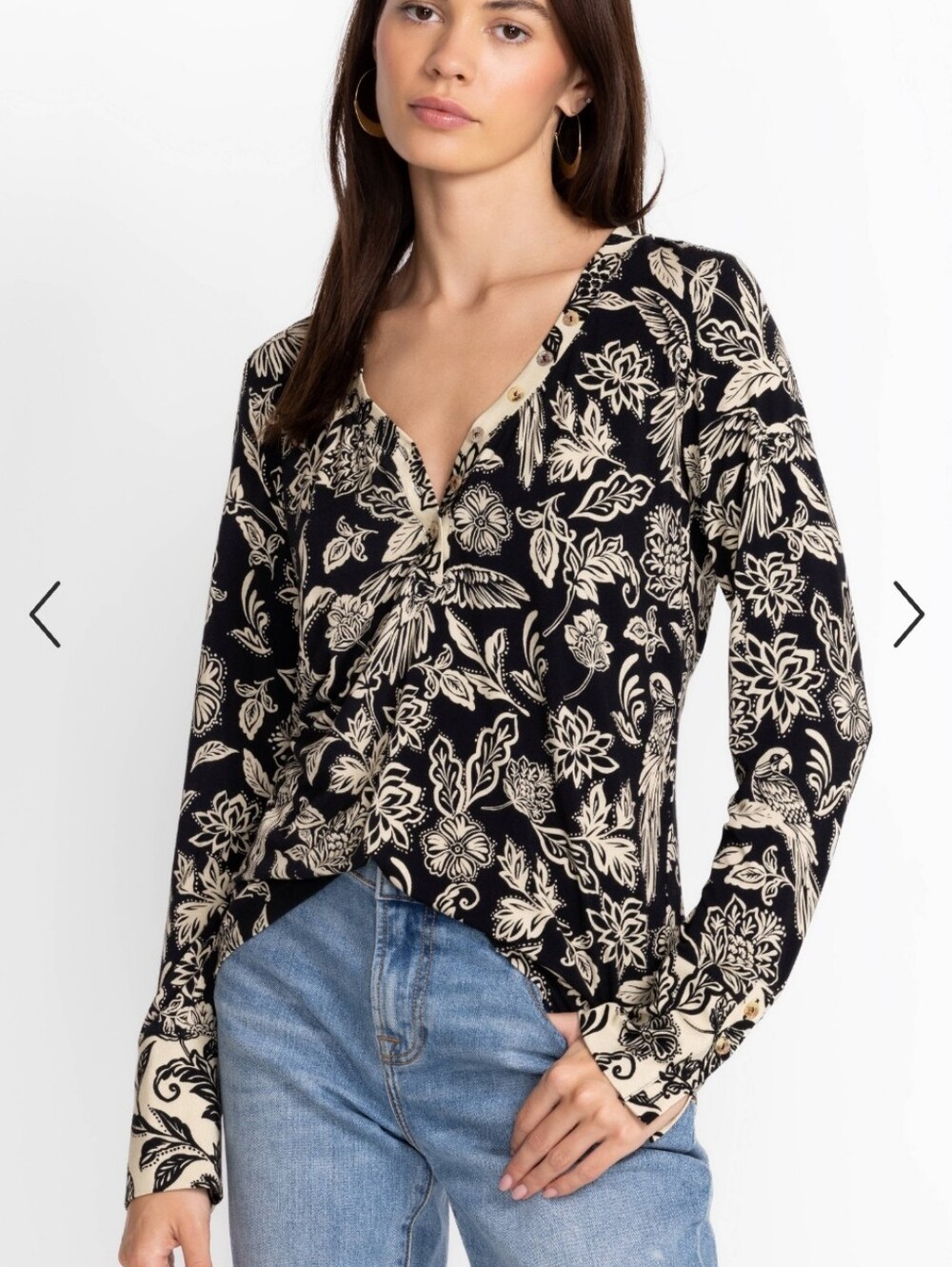 Johnny Was Noah Henley Botanical Bird Parrot  Strech Floral Top